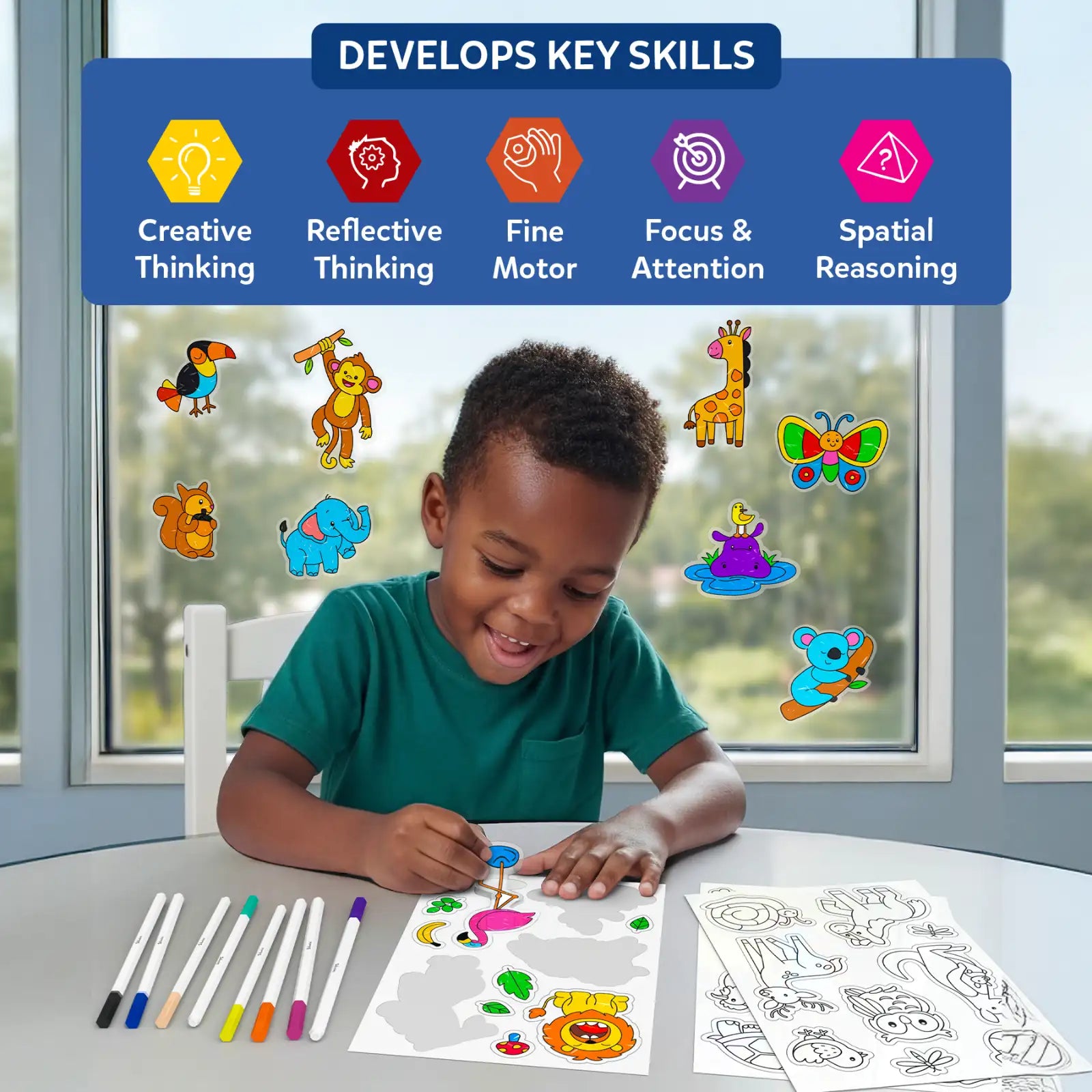 Skillmatics Color Clingz Amazing Animals adesivi statici 50 pezzi riusabili