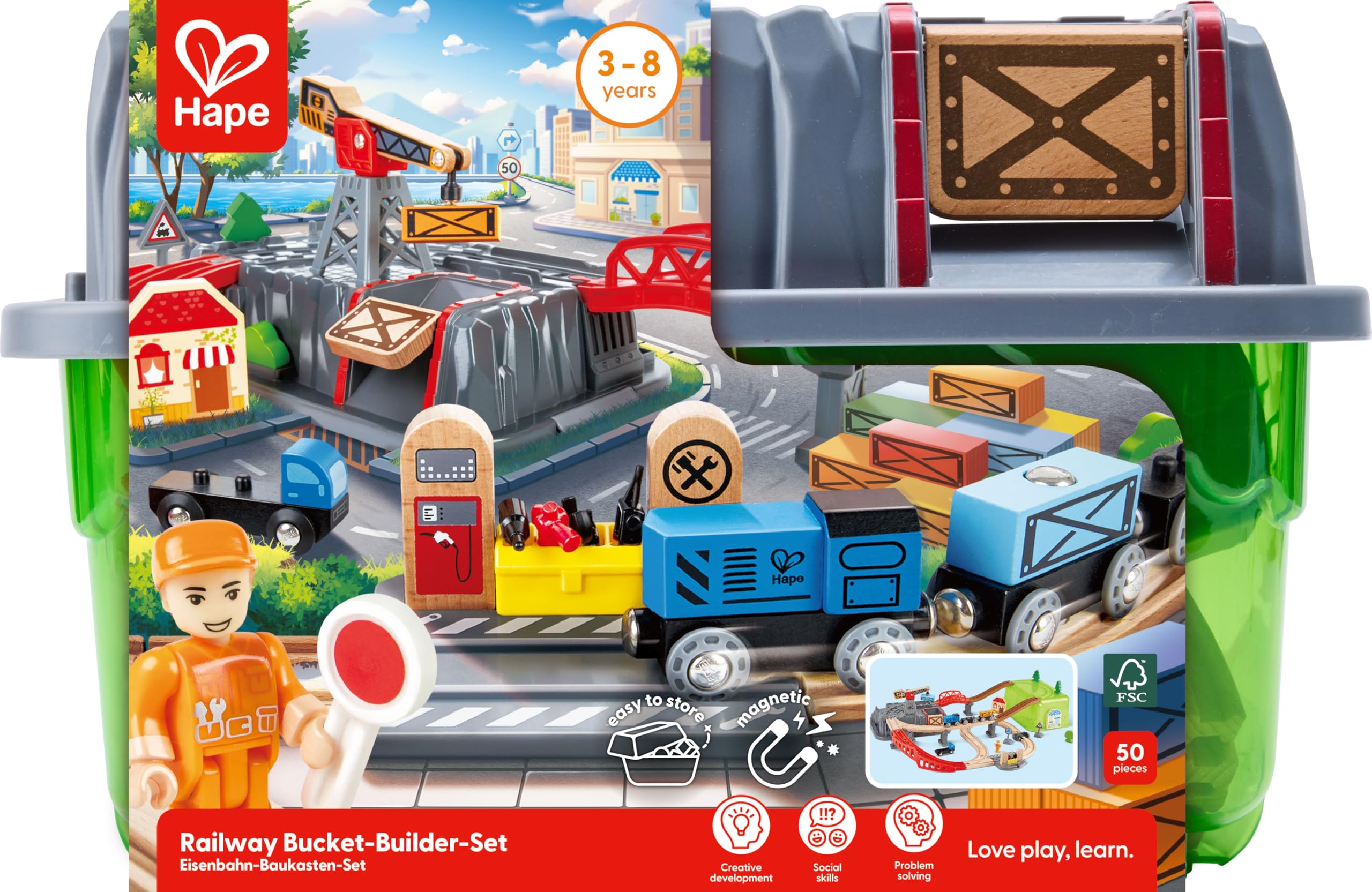 Hape Set Treno Legno 50 Pezzi con Gru e Binari