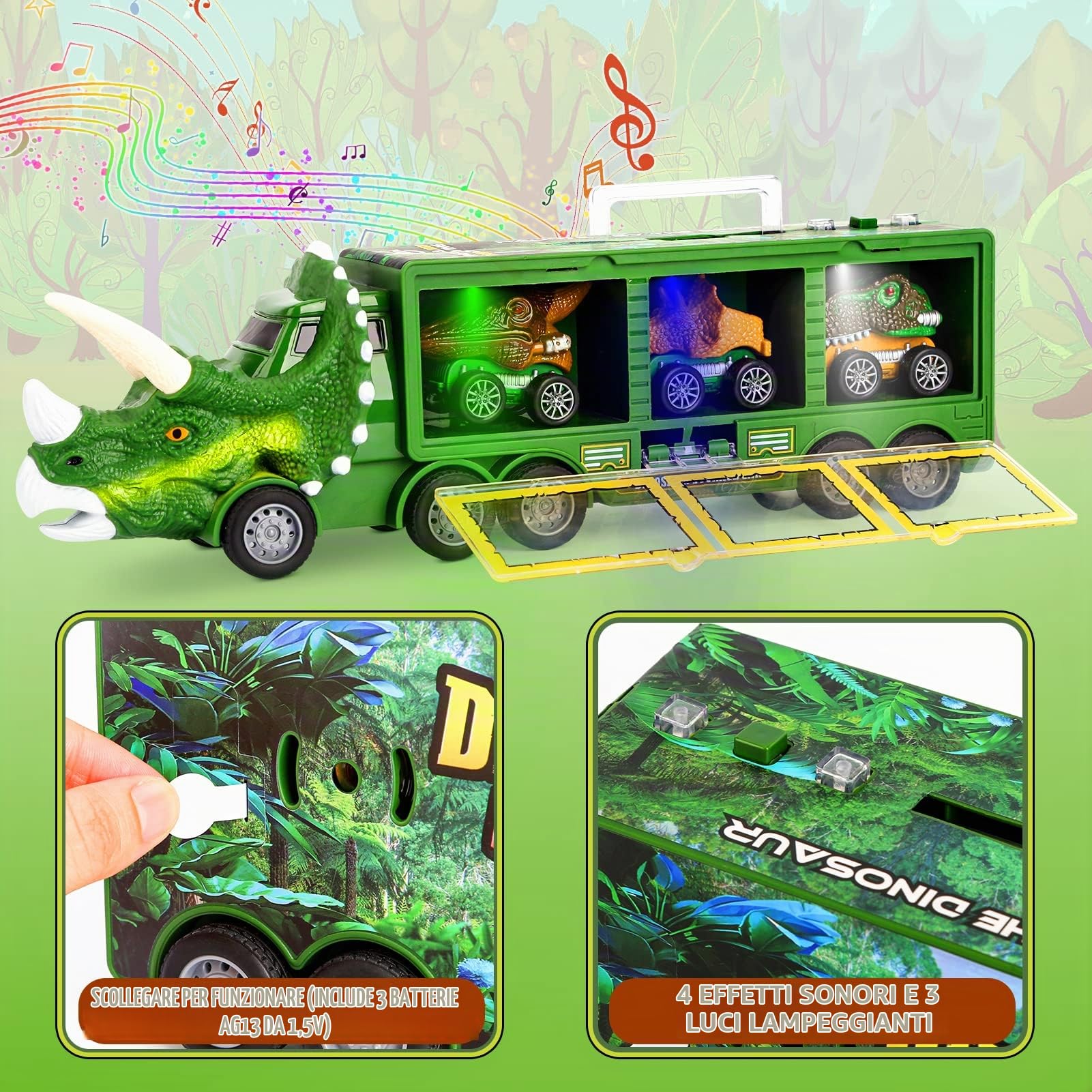 DINORUN Dinosauri Camion trasportatore 23 pezzi luci suoni