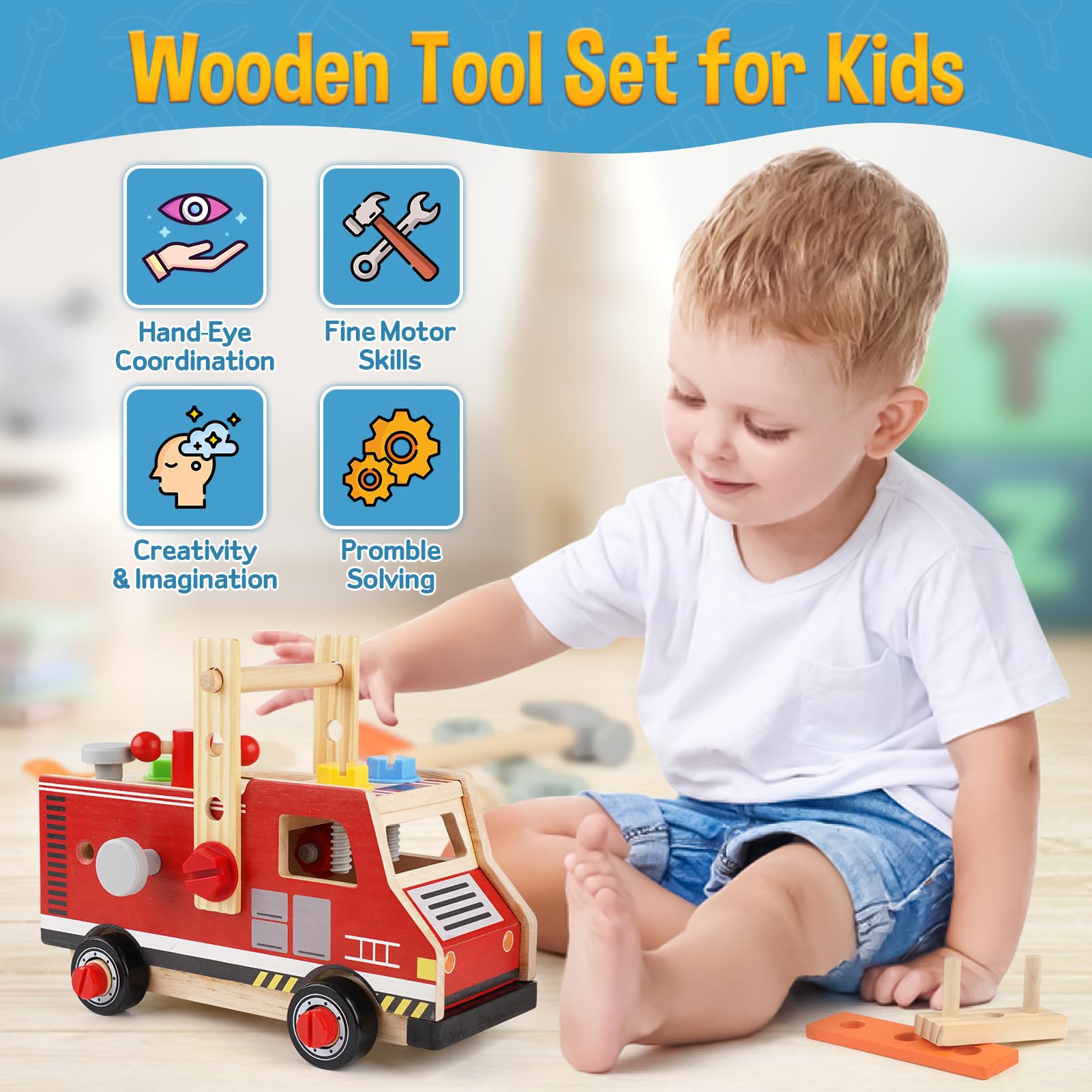 DINORUN Cassetta Attrezzi Bambini Legno Camion Pompieri 47 Pezzi