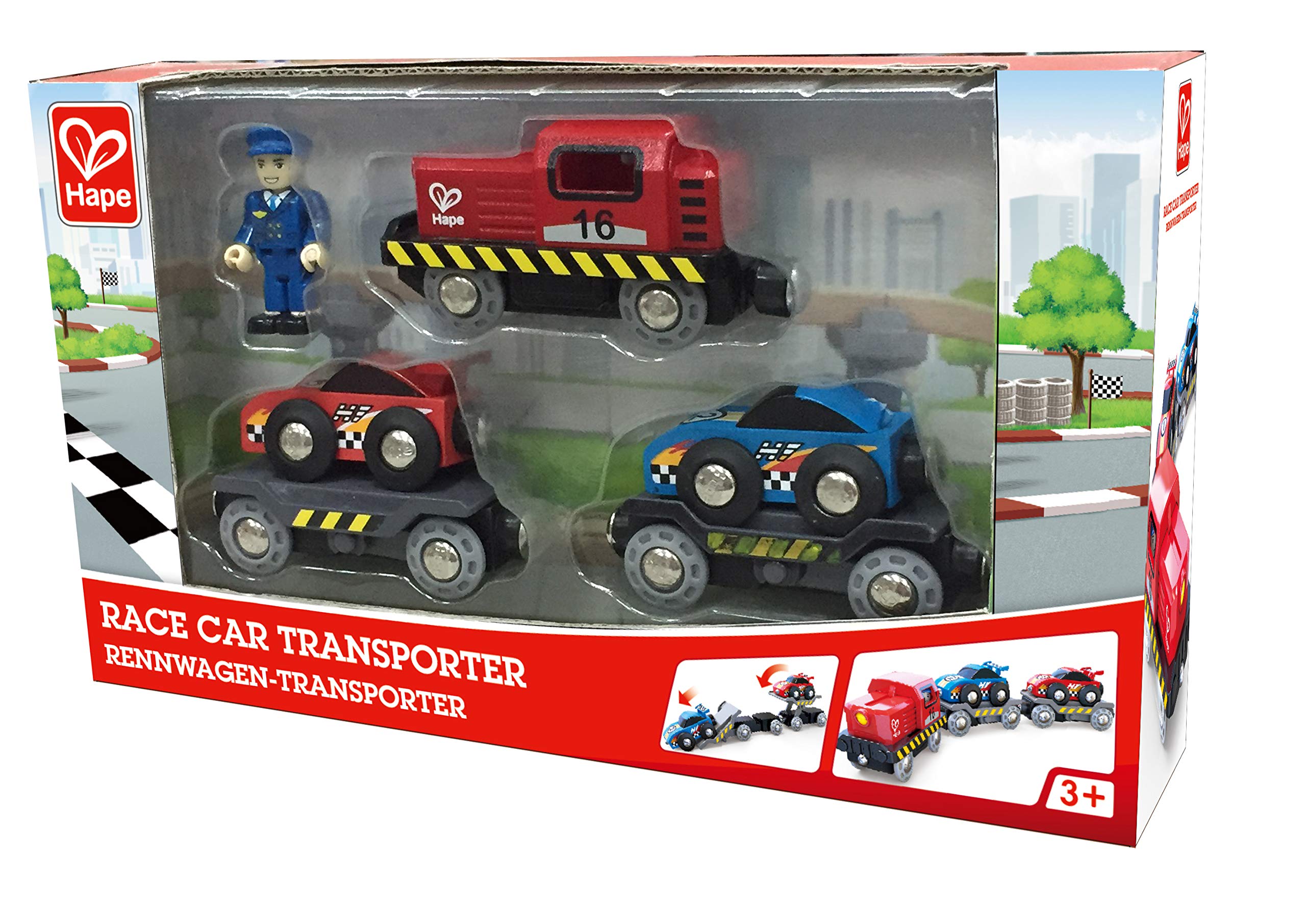 Hape Transporter auto da corsa trenino legno 6 pezzi 3 anni+