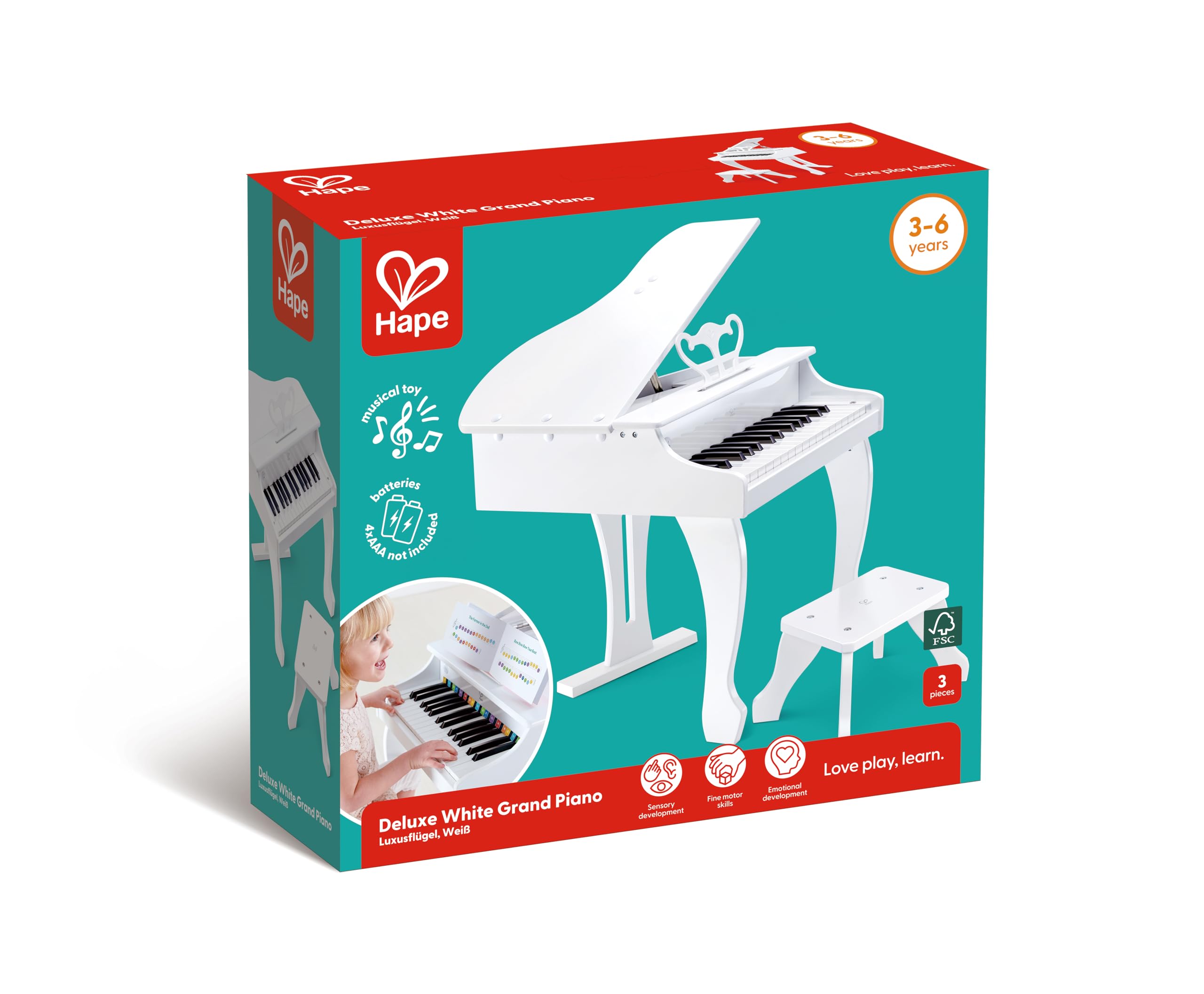 Hape Deluxe Pianoforte Bianco 30 Tasti con Sgabello 3 Anni