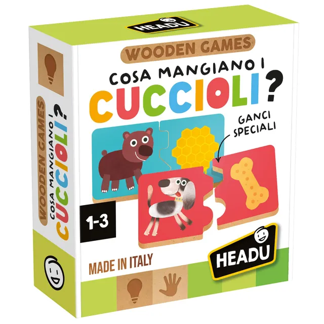Headu Cosa Mangiano i Cuccioli gioco in legno 2-4 anni logica