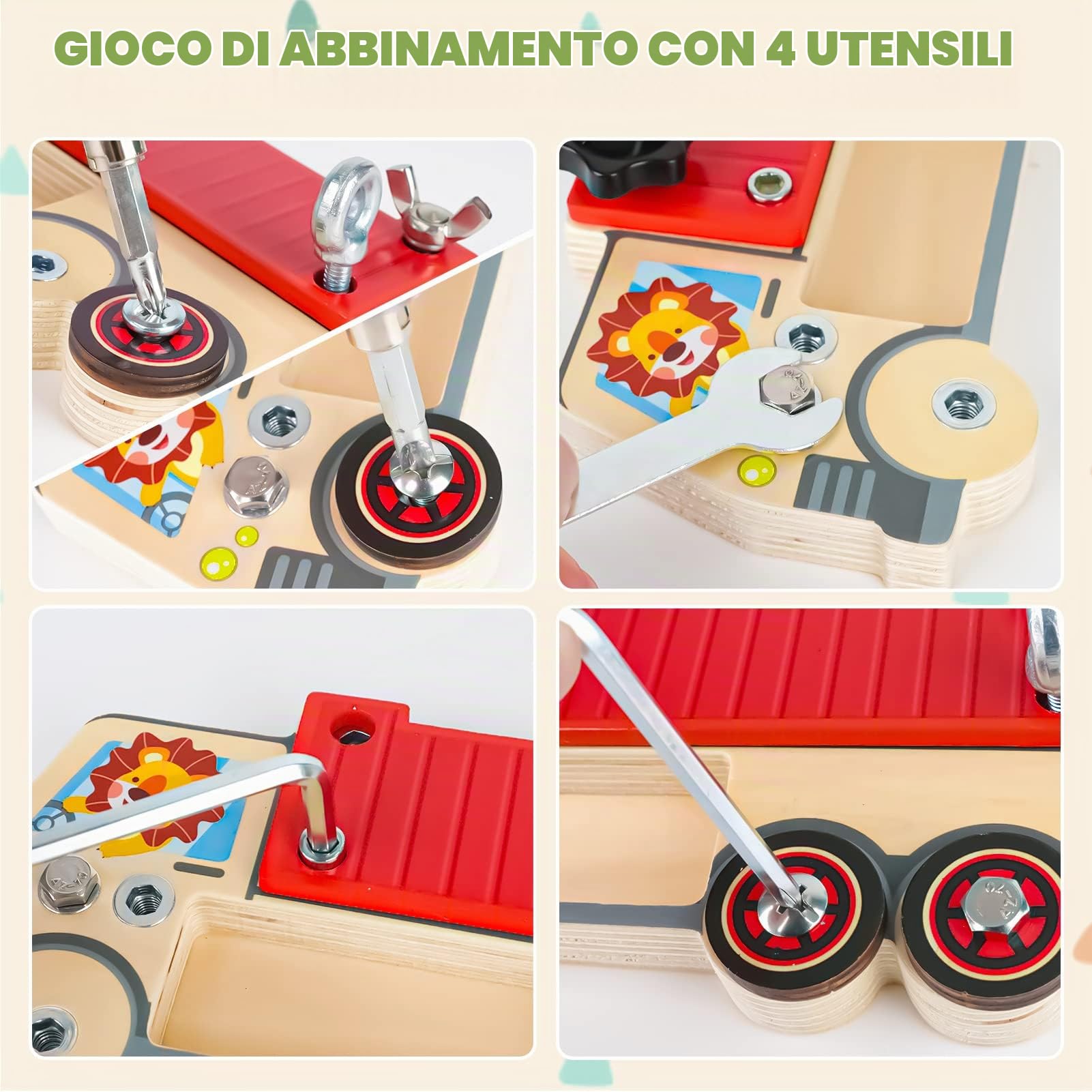 DINORUN camion tavola sensoriale legno viti con borsa