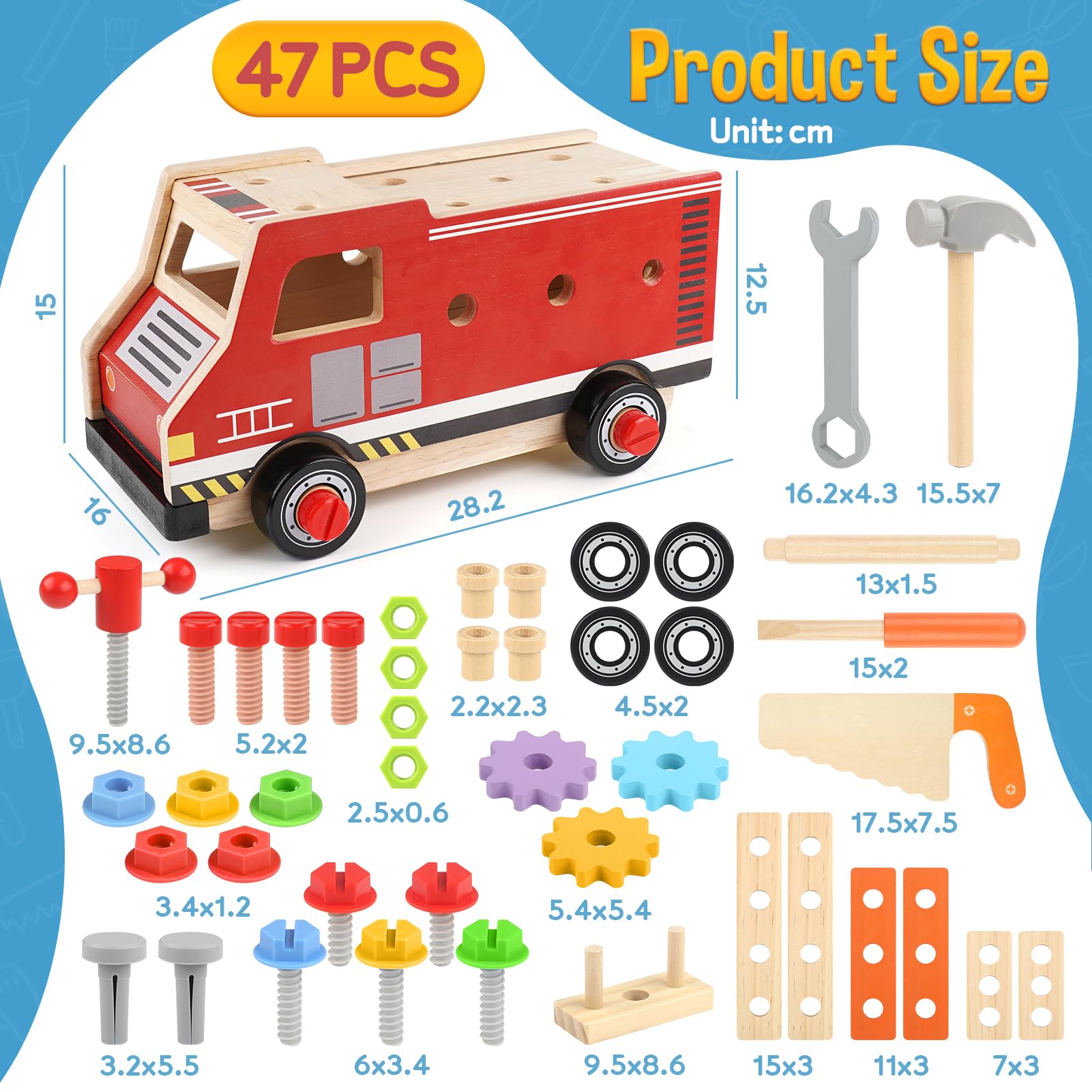 DINORUN Cassetta Attrezzi Bambini Legno Camion Pompieri 47 Pezzi