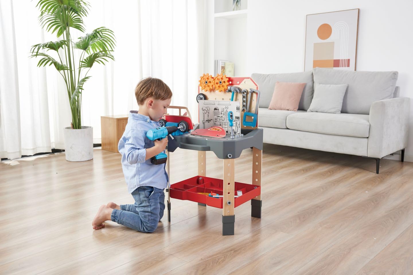 Hape Junior Inventor E3036 banco lavoro officina 71 pezzi